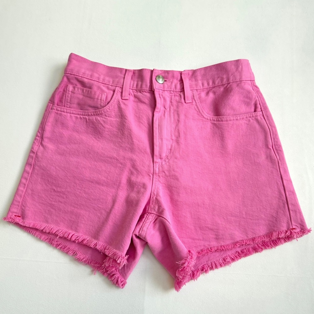Xirena Pink High Waisted Raw Hem Denim Shorts XS Cotton Blend Elastic Back